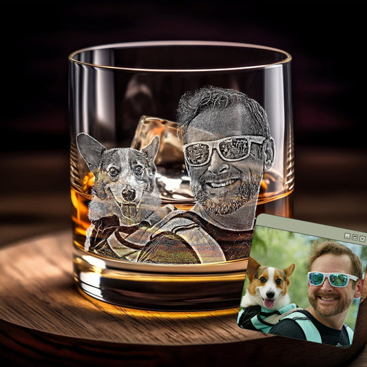 Sip in style with our Custom Engraved Whiskey Glass with Pet Photo! These personalized bourbon glasses feature a detailed engraving of your pet on a high-quality rocks glass. Perfect for pet lovers, these engraved glasses make a thoughtful gift for any whiskey enthusiast.