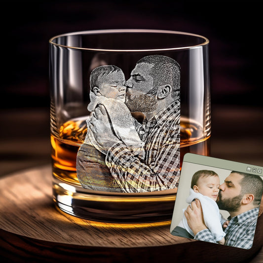 Create a keepsake with our Custom Engraved Whiskey Glass with Your Photo. These personalized bourbon glasses feature a photo of your loved ones or children engraved on a durable rocks glass. Perfect for gifting, these engraved glasses add a personal touch to any drink!