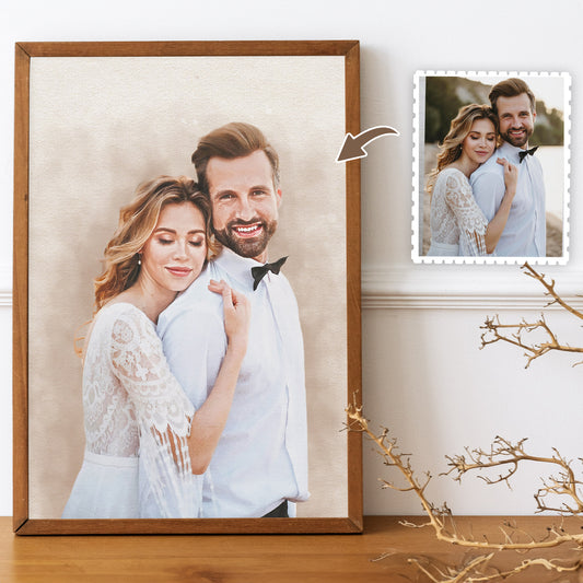 Turn your love story into art with a custom couple portrait painting! Our skilled portrait painting artists transform your photos into art, turning your picture into a drawing you’ll cherish. Perfect for home decor or gifting, it's a beautiful custom portrait painting from photo.