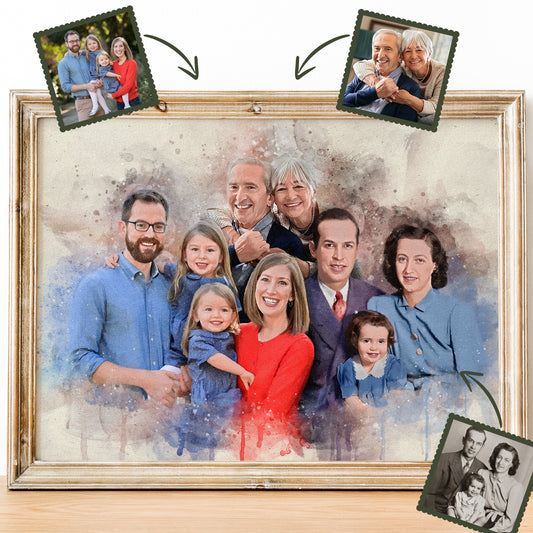 Turn your cherished memories into a stunning custom family portrait painting! Our skilled portrait painting artists create beautiful custom paintings from photos, including adding a deceased loved one with family. Perfect for a timeless keepsake or gift.