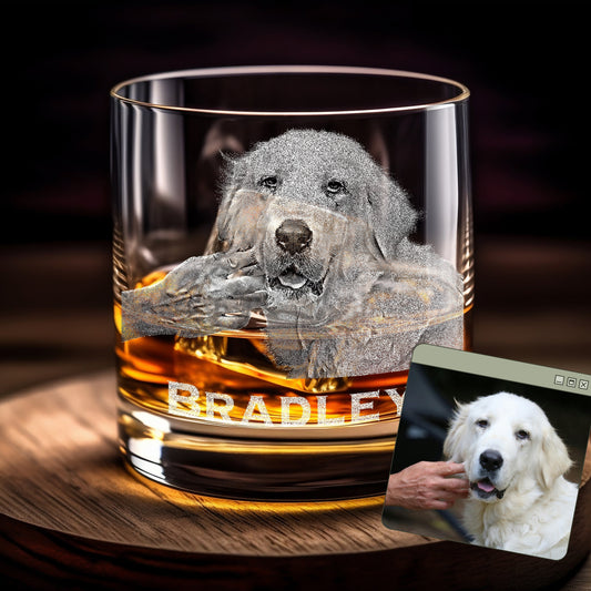 Sip in style with our Custom Engraved Whiskey Glass with Pet Photo! These personalized bourbon glasses feature a detailed engraving of your pet on a high-quality rocks glass. Perfect for pet lovers, these engraved glasses make a thoughtful gift for any whiskey enthusiast.