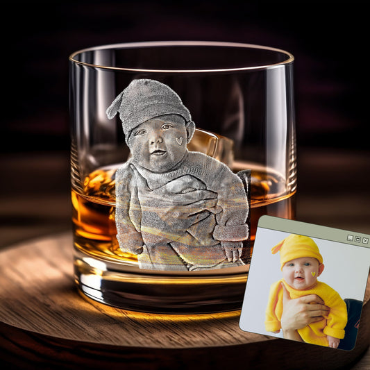 Create a keepsake with our Custom Engraved Whiskey Glass with Your Photo. These personalized bourbon glasses feature a photo of your loved ones or children engraved on a durable rocks glass. Perfect for gifting, these engraved glasses add a personal touch to any drink!