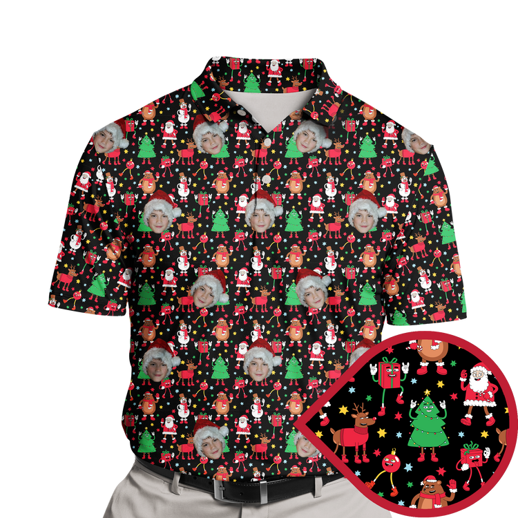 Christmas Cartoon Polo Shirt featuring festive holiday characters like Santa Claus, reindeer, and snowmen in a playful, colorful design. The shirt has a cheerful red background adorned with Christmas trees, presents, and seasonal elements, perfect for spreading holiday joy.