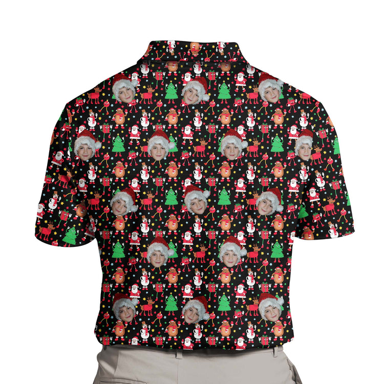 Christmas Cartoon Polo Shirt featuring festive holiday characters like Santa Claus, reindeer, and snowmen in a playful, colorful design. The shirt has a cheerful red background adorned with Christmas trees, presents, and seasonal elements, perfect for spreading holiday joy.