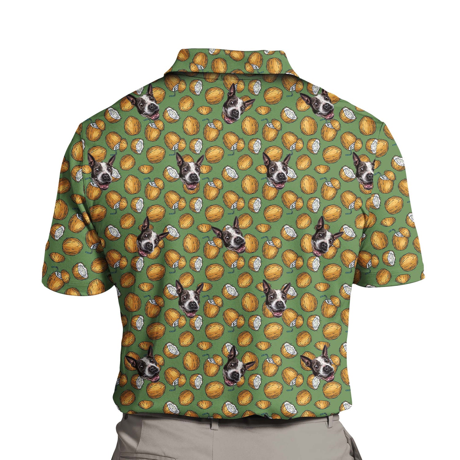 Coco Paradise Custom Polo Shirt featuring a vibrant design with tropical coconut. The shirt displays a fresh, beach-themed pattern with elements like coconut, and fruit drinks, evoking a tropical paradise. Made from comfortable, breathable fabric, this polo is perfect for enjoying summer vibes and tropical relaxation.