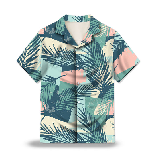 Color Block Palm Leaf Custom Hawaiian Shirt. Featuring vibrant color blocks and palm leaf designs, perfect for a tropical summer look.