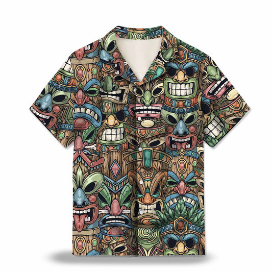 Colorful Tiki Mask Custom Hawaiian Shirt. Featuring vibrant and intricate Tiki mask designs in a colorful palette, perfect for a tropical island vibe.