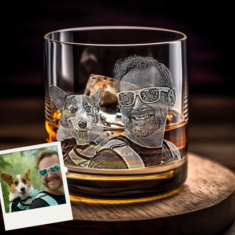 Sip in style with our Custom Engraved Whiskey Glass with Pet Photo! These personalized bourbon glasses feature a detailed engraving of your pet on a high-quality rocks glass. Perfect for pet lovers, these engraved glasses make a thoughtful gift for any whiskey enthusiast.