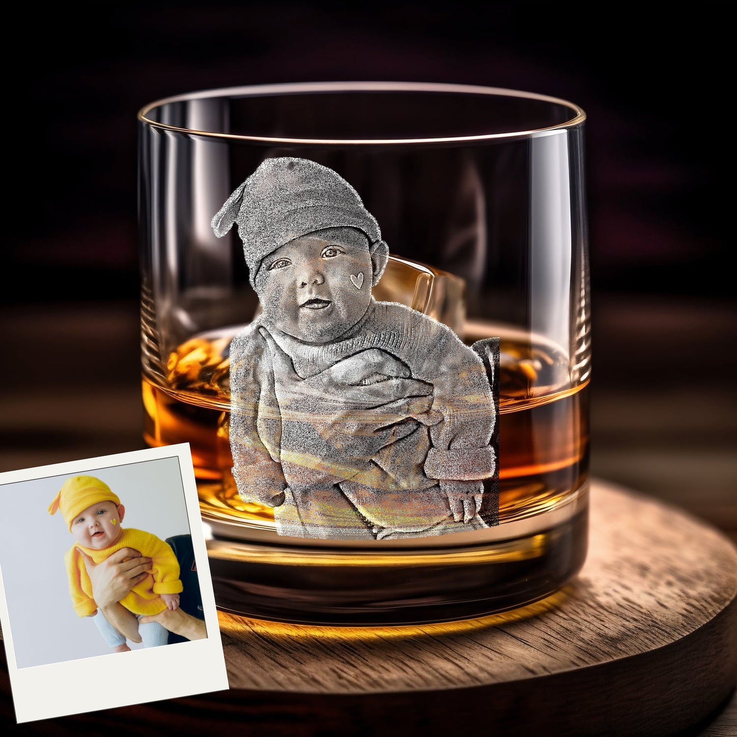 Create a keepsake with our Custom Engraved Whiskey Glass with Your Photo. These personalized bourbon glasses feature a photo of your loved ones or children engraved on a durable rocks glass. Perfect for gifting, these engraved glasses add a personal touch to any drink!