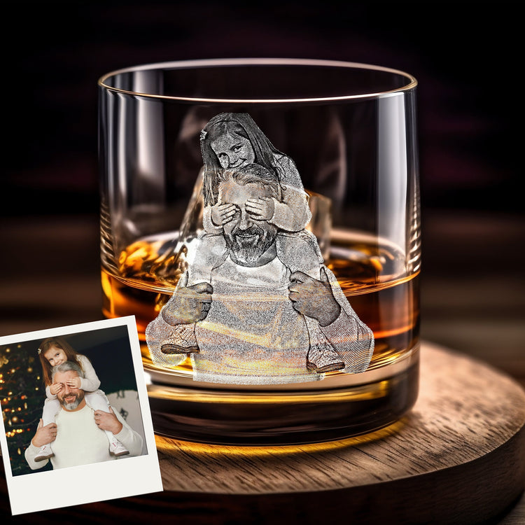 Create a keepsake with our Custom Engraved Whiskey Glass with Your Photo. These personalized bourbon glasses feature a photo of your loved ones or children engraved on a durable rocks glass. Perfect for gifting, these engraved glasses add a personal touch to any drink!