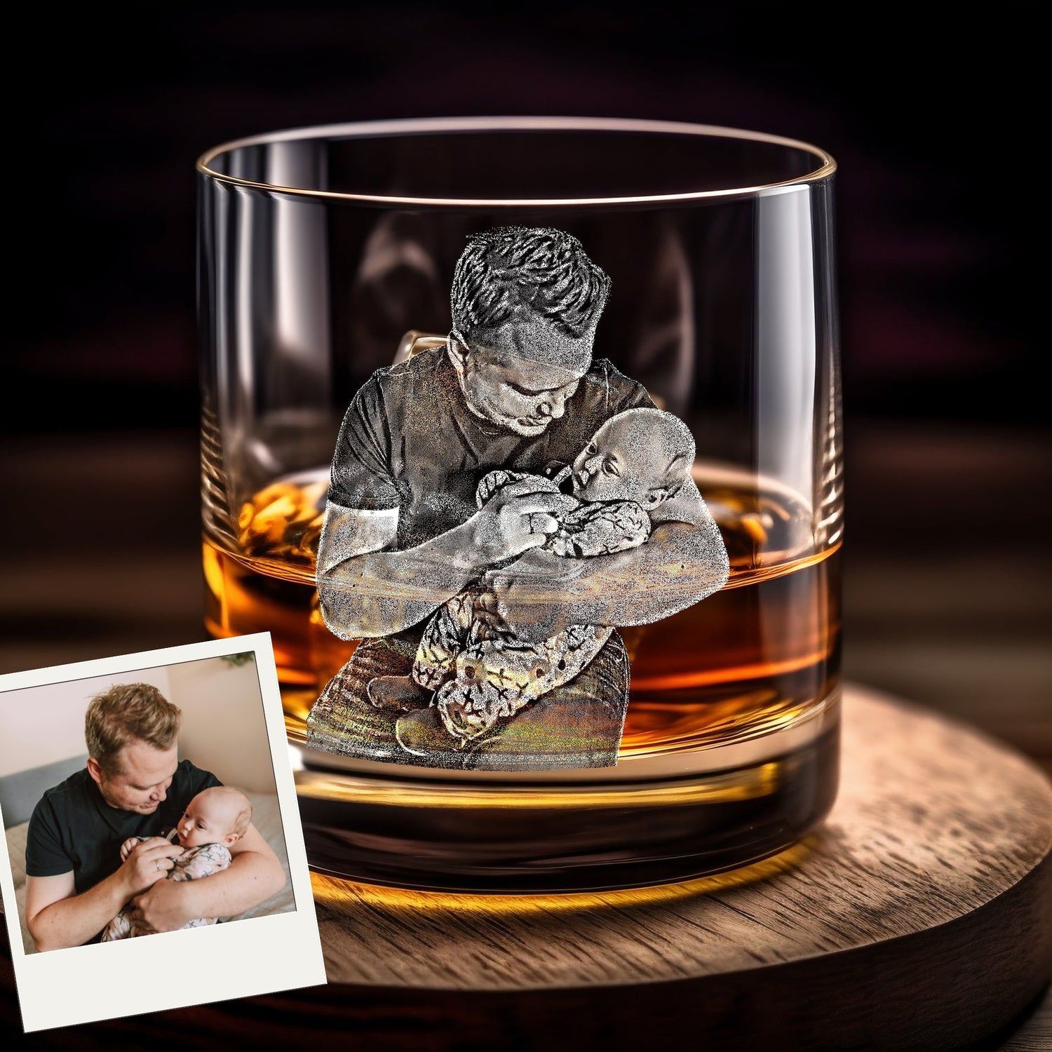 Create a keepsake with our Custom Engraved Whiskey Glass with Your Photo. These personalized bourbon glasses feature a photo of your loved ones or children engraved on a durable rocks glass. Perfect for gifting, these engraved glasses add a personal touch to any drink!