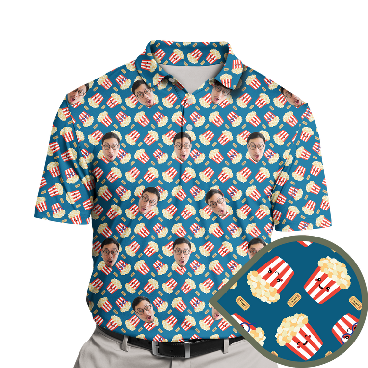 Cute Cinema Popcorn Custom Polo Shirt featuring a playful design with smiling popcorn box characters and colorful cinema tickets. The shirt is made from soft, breathable fabric, showcasing bright red, blue, and yellow accents. Ideal for movie lovers and those who enjoy fun, quirky apparel.