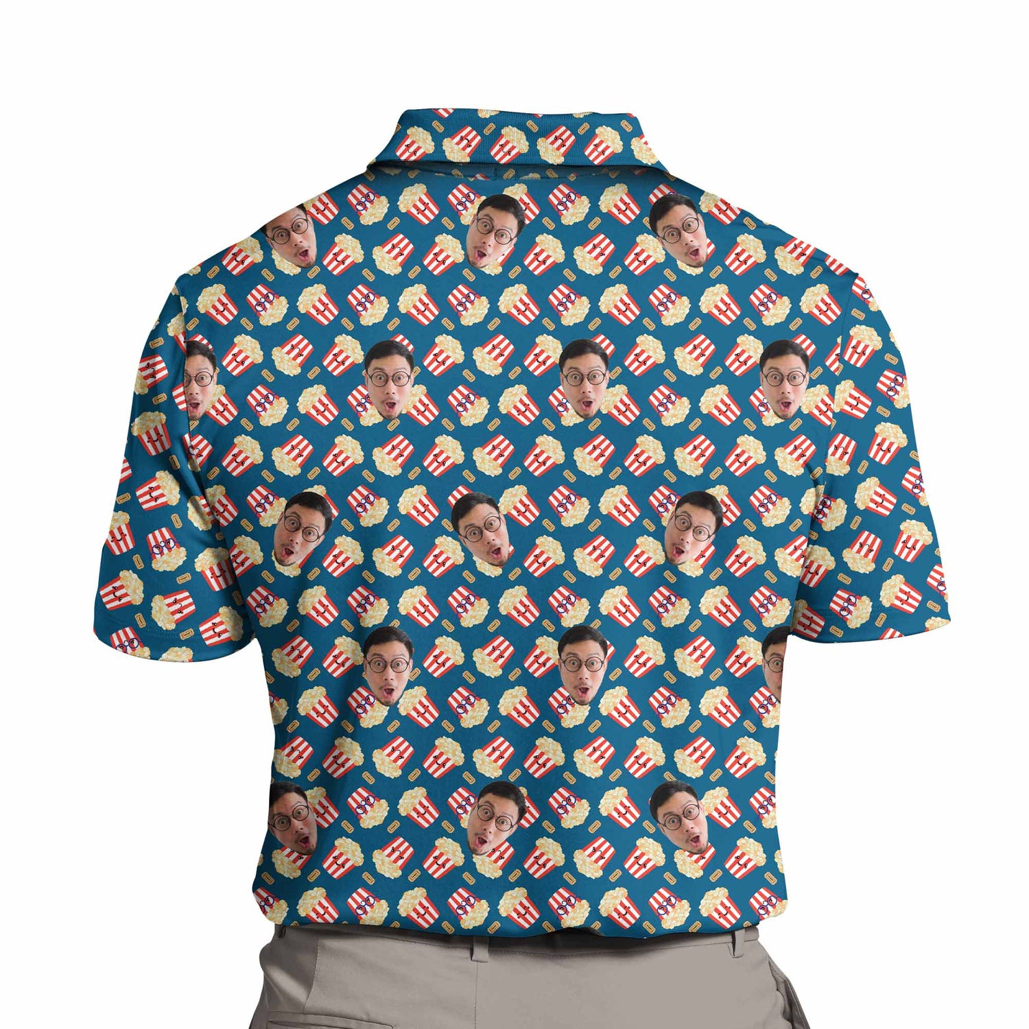 Cute Cinema Popcorn Custom Polo Shirt featuring a playful design with smiling popcorn box characters and colorful cinema tickets. The shirt is made from soft, breathable fabric, showcasing bright red, blue, and yellow accents. Ideal for movie lovers and those who enjoy fun, quirky apparel.