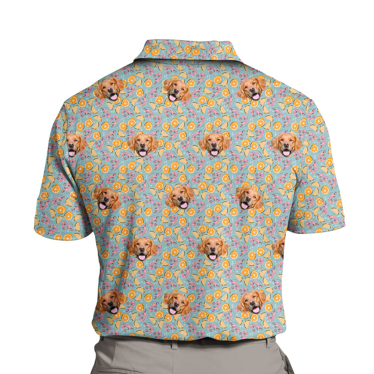 Cute Dumplings and Shrimp Polo Shirt featuring playful illustrations of dumplings, lemons, and shrimp. The design includes vibrant colors and food-themed graphics, perfect for casual wear and food enthusiasts.