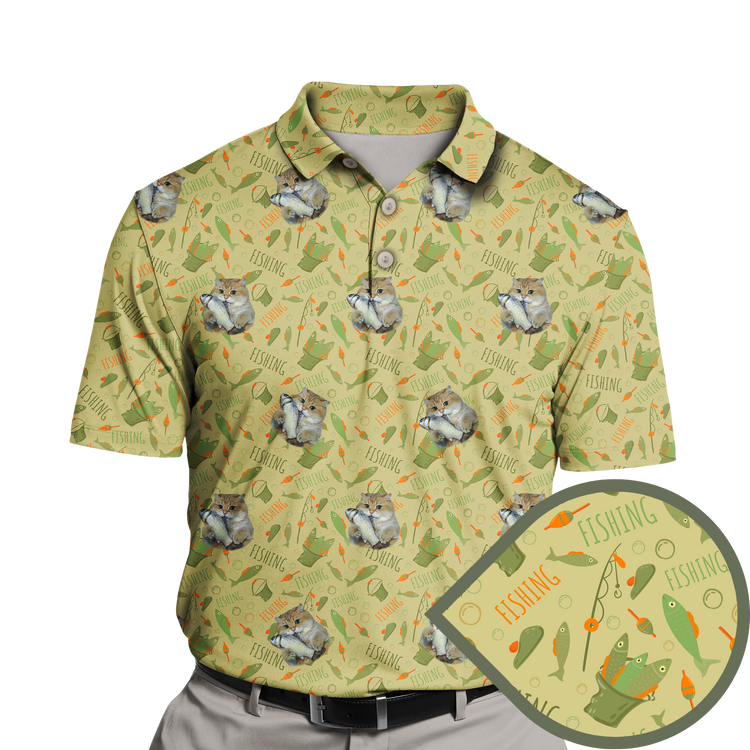 Fishing Expedition custom polo shirt featuring a detailed pattern of fishing elements, including fishing poles, fish, and bait. The design captures the spirit of a day spent by the water, with a focus on the angler’s adventure. Ideal for fishing enthusiasts who enjoy a stylish and thematic approach to their apparel.