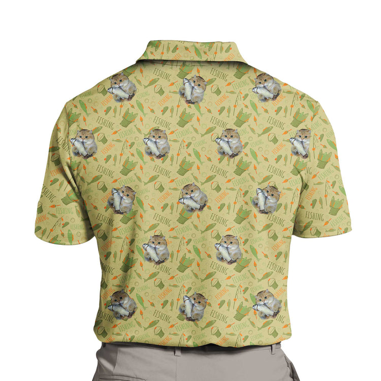 Fishing Expedition custom polo shirt featuring a detailed pattern of fishing elements, including fishing poles, fish, and bait. The design captures the spirit of a day spent by the water, with a focus on the angler’s adventure. Ideal for fishing enthusiasts who enjoy a stylish and thematic approach to their apparel.