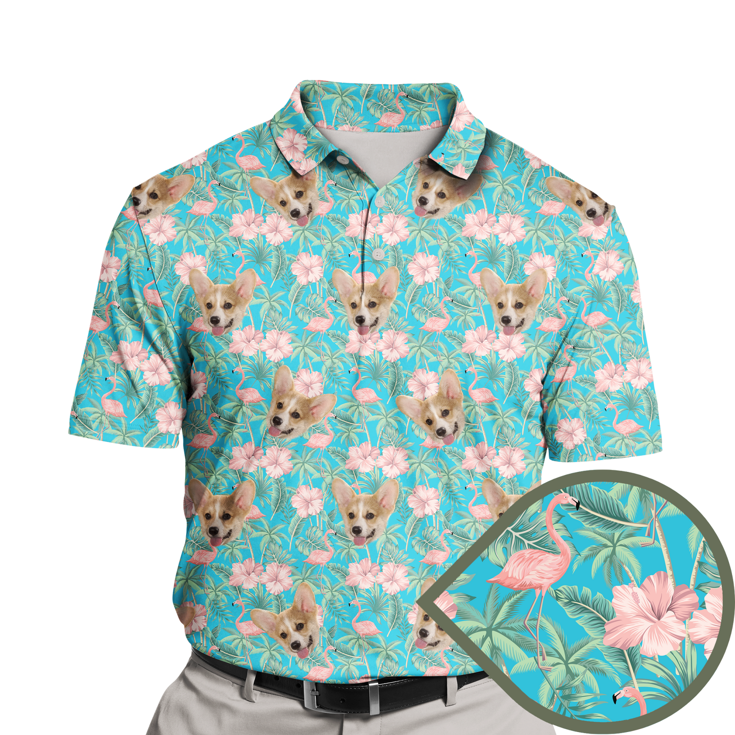 Flamingo Haven Custom Polo Shirt featuring a vibrant design with pink flamingos and tropical hibiscus flowers. The shirt showcases a colorful, exotic pattern that evokes a tropical paradise, with a mix of palm leaves and bright blossoms. Crafted from soft, breathable fabric, this polo combines style and comfort, perfect for adding a touch of tropical flair to any casual outfit.