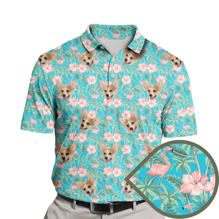 Flamingo Haven Custom Polo Shirt featuring a vibrant design with pink flamingos and tropical hibiscus flowers. The shirt showcases a colorful, exotic pattern that evokes a tropical paradise, with a mix of palm leaves and bright blossoms. Crafted from soft, breathable fabric, this polo combines style and comfort, perfect for adding a touch of tropical flair to any casual outfit.