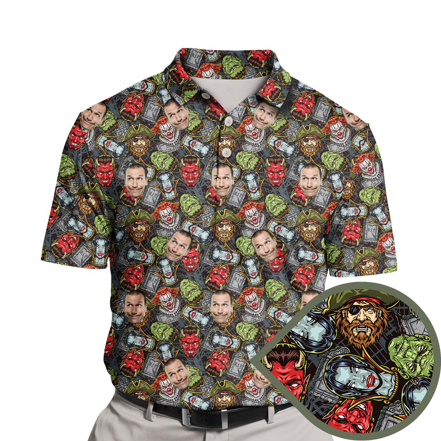 Ghastly Halloween Custom Polo Shirt featuring eerie designs with zombies, vampires, and gravestones. The shirt combines vintage and colourful elements with spooky patterns, perfect for Halloween festivities.