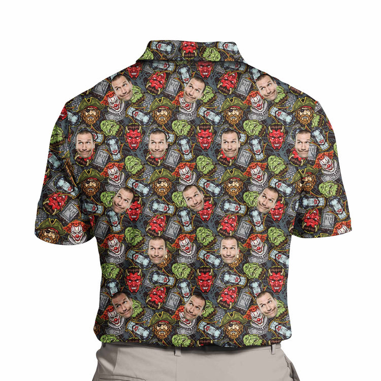 Ghastly Halloween Custom Polo Shirt featuring eerie designs with zombies, vampires, and gravestones. The shirt combines vintage and colourful elements with spooky patterns, perfect for Halloween festivities.