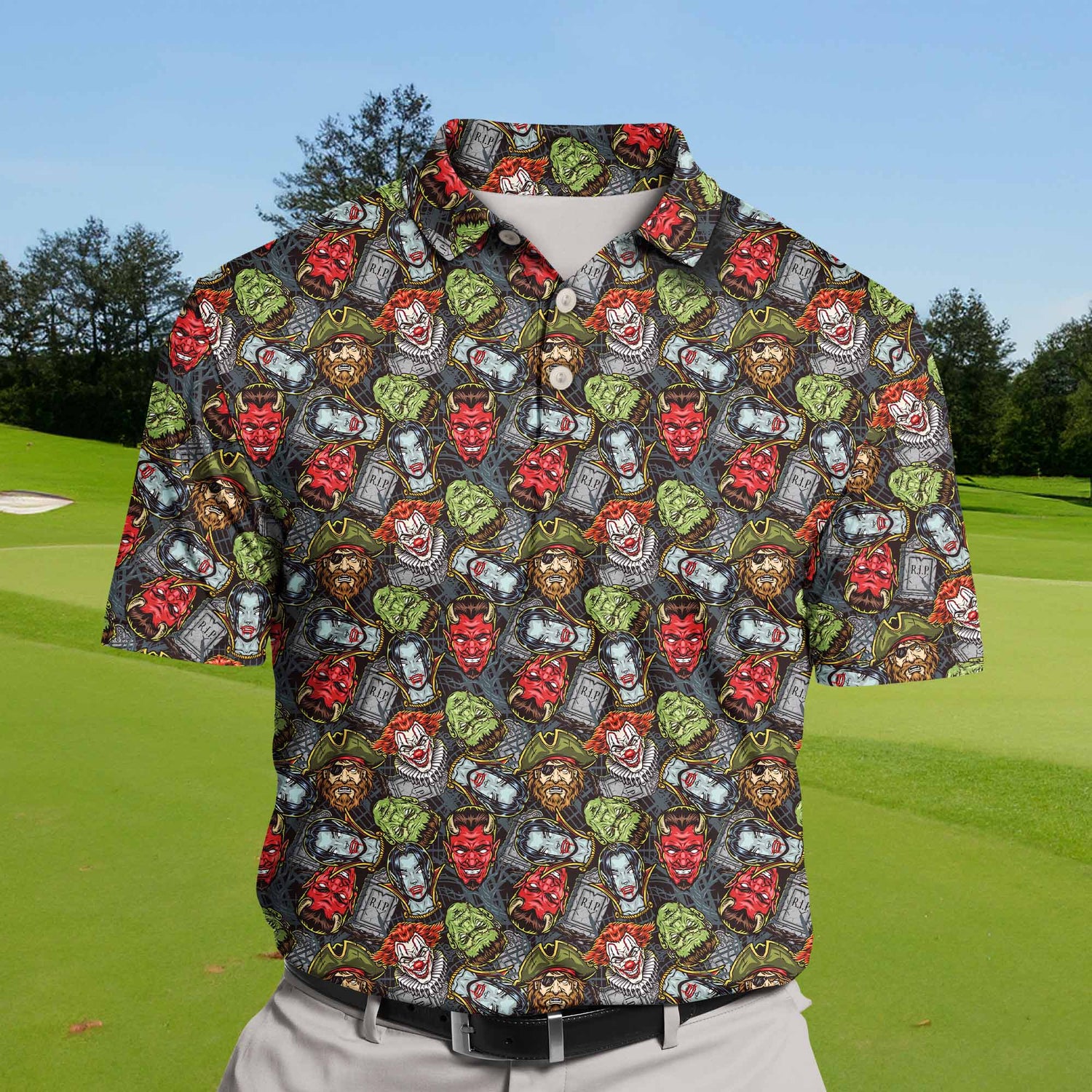 Ghastly Halloween Custom Polo Shirt featuring eerie designs with zombies, vampires, and gravestones. The shirt combines vintage and colourful elements with spooky patterns, perfect for Halloween festivities.