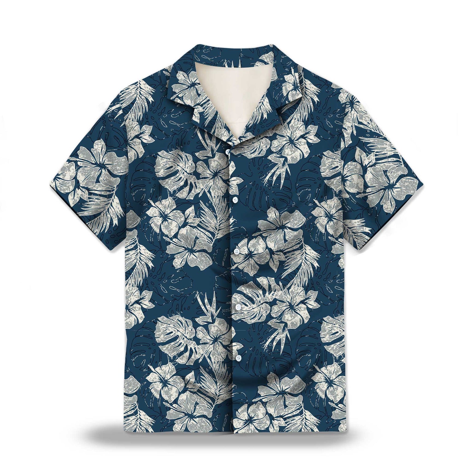 Grunge Textured Blue Hibiscus Custom Hawaiian Shirt featuring blue hibiscus flowers and tropical leaves with a grunge texture. Perfect for summer vacations, beach outings, and Hawaiian-themed events. Designed for a stylish and vintage look.