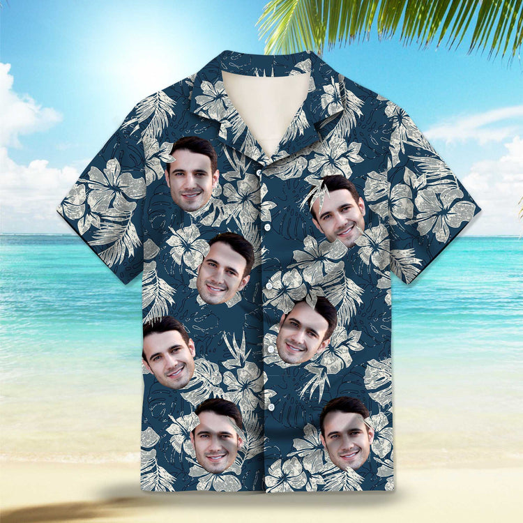 Grunge Textured Blue Hibiscus Custom Hawaiian Shirt featuring blue hibiscus flowers and tropical leaves with a grunge texture. Perfect for summer vacations, beach outings, and Hawaiian-themed events. Designed for a stylish and vintage look.