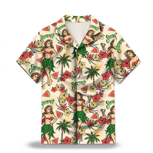 Hawaiian Summer Party Custom Hawaiian Shirt. Featuring vibrant tropical designs perfect for summer parties, with hibiscus flowers, palm trees, Polynesian girls and beach elements.