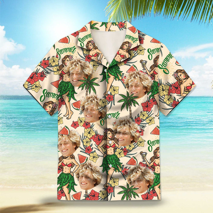 Hawaiian Summer Party Custom Hawaiian Shirt. Featuring vibrant tropical designs perfect for summer parties, with hibiscus flowers, palm trees, Polynesian girls and beach elements.