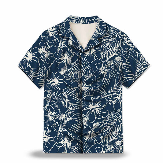 Hibiscus Flower and Tropical Plant in Navy Blue Custom Hawaiian Shirt. Featuring intricate hibiscus flower and tropical plant designs in a deep navy blue color, perfect for a tropical island getaway.