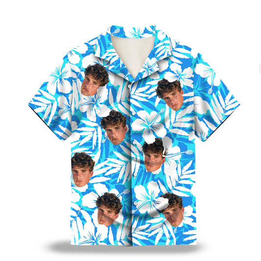 Hibiscus Silhouette in Blue and White Custom Hawaiian Shirt. Featuring elegant hibiscus flower silhouettes in a blue and white color scheme, perfect for a tropical summer vibe.