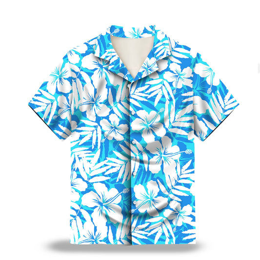 Hibiscus Silhouette in Blue and White Custom Hawaiian Shirt. Featuring elegant hibiscus flower silhouettes in a blue and white color scheme, perfect for a tropical summer vibe.