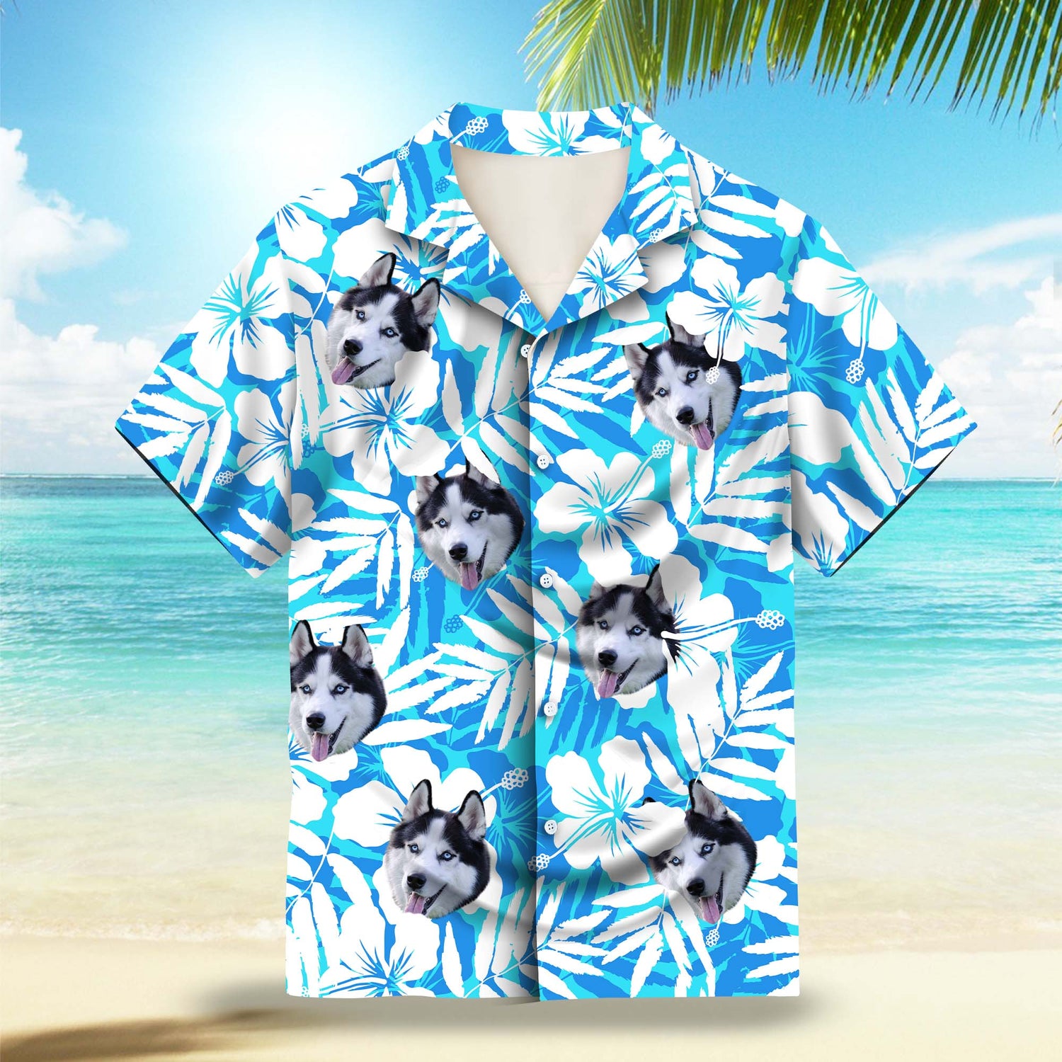 Hibiscus Silhouette in Blue and White Custom Hawaiian Shirt. Featuring elegant hibiscus flower silhouettes in a blue and white color scheme, perfect for a tropical summer vibe.