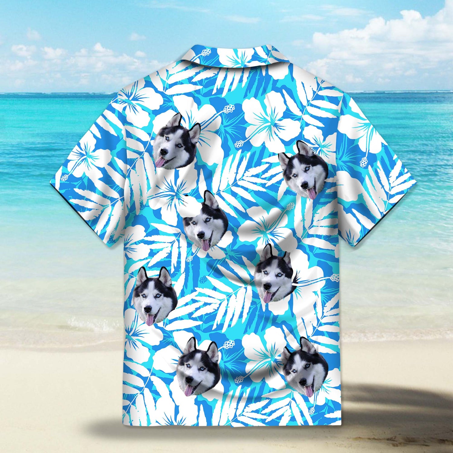 Hibiscus Silhouette in Blue and White Custom Hawaiian Shirt. Featuring elegant hibiscus flower silhouettes in a blue and white color scheme, perfect for a tropical summer vibe.