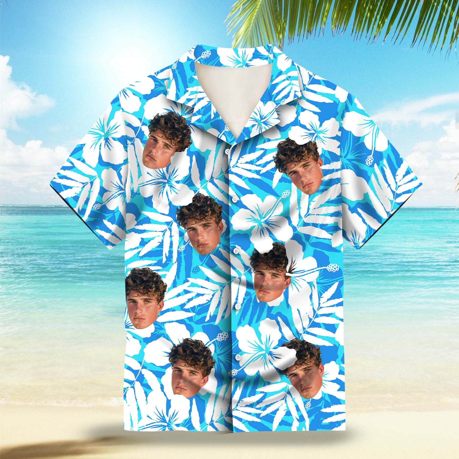 Hibiscus Silhouette in Blue and White Custom Hawaiian Shirt. Featuring elegant hibiscus flower silhouettes in a blue and white color scheme, perfect for a tropical summer vibe.