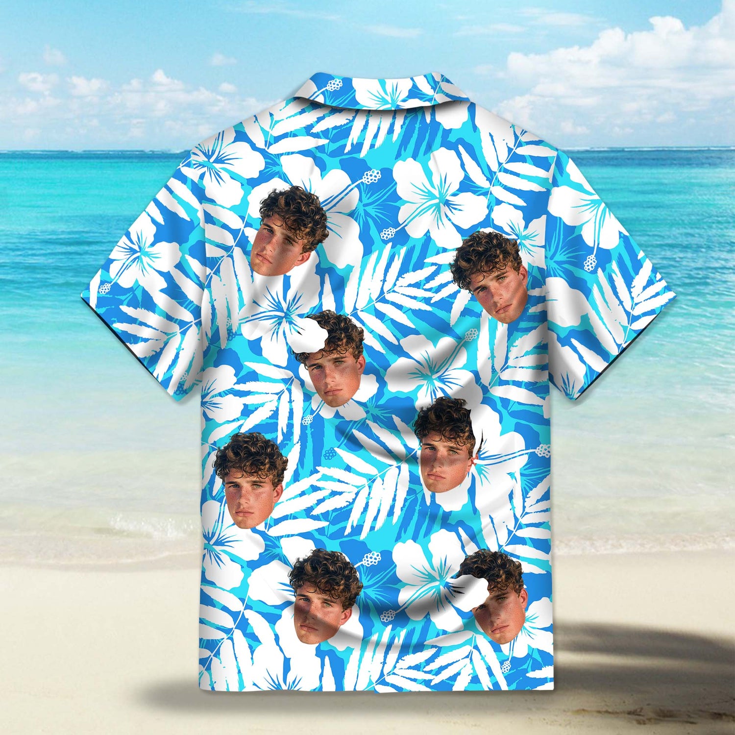 Hibiscus Silhouette in Blue and White Custom Hawaiian Shirt. Featuring elegant hibiscus flower silhouettes in a blue and white color scheme, perfect for a tropical summer vibe.