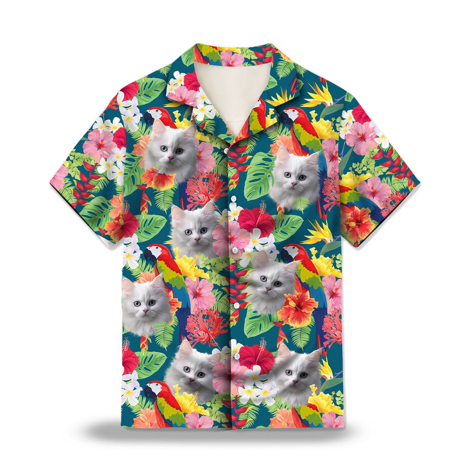 Custom Hawaiian shirts with hibiscus, bird of paradise flowers and colorful macaws on a dark green background, featuring tropical leaves and botanical elements. Lightweight and breathable, perfect for summer and tropical-themed events.