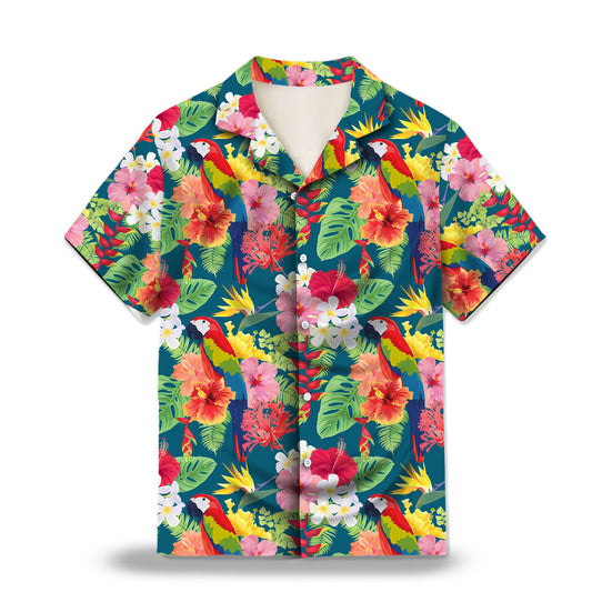 Custom Hawaiian shirts with hibiscus, bird of paradise flowers and colorful macaws on a dark green background, featuring tropical leaves and botanical elements. Lightweight and breathable, perfect for summer and tropical-themed events.