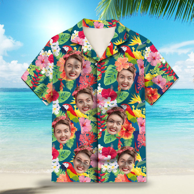 Custom Hawaiian shirts with hibiscus, bird of paradise flowers and colorful macaws on a dark green background, featuring tropical leaves and botanical elements. Lightweight and breathable, perfect for summer and tropical-themed events.