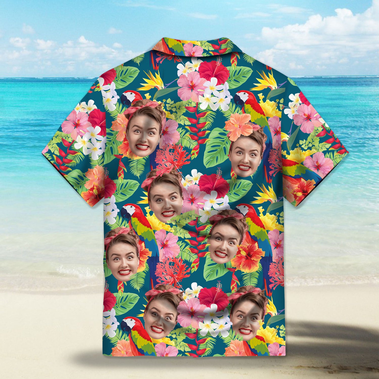 Custom Hawaiian shirts with hibiscus, bird of paradise flowers and colorful macaws on a dark green background, featuring tropical leaves and botanical elements. Lightweight and breathable, perfect for summer and tropical-themed events.