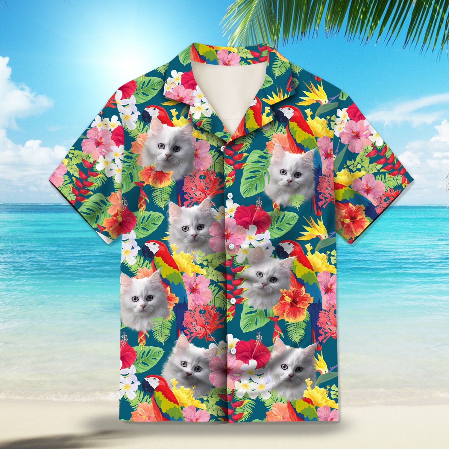 Custom Hawaiian shirts with hibiscus, bird of paradise flowers and colorful macaws on a dark green background, featuring tropical leaves and botanical elements. Lightweight and breathable, perfect for summer and tropical-themed events.