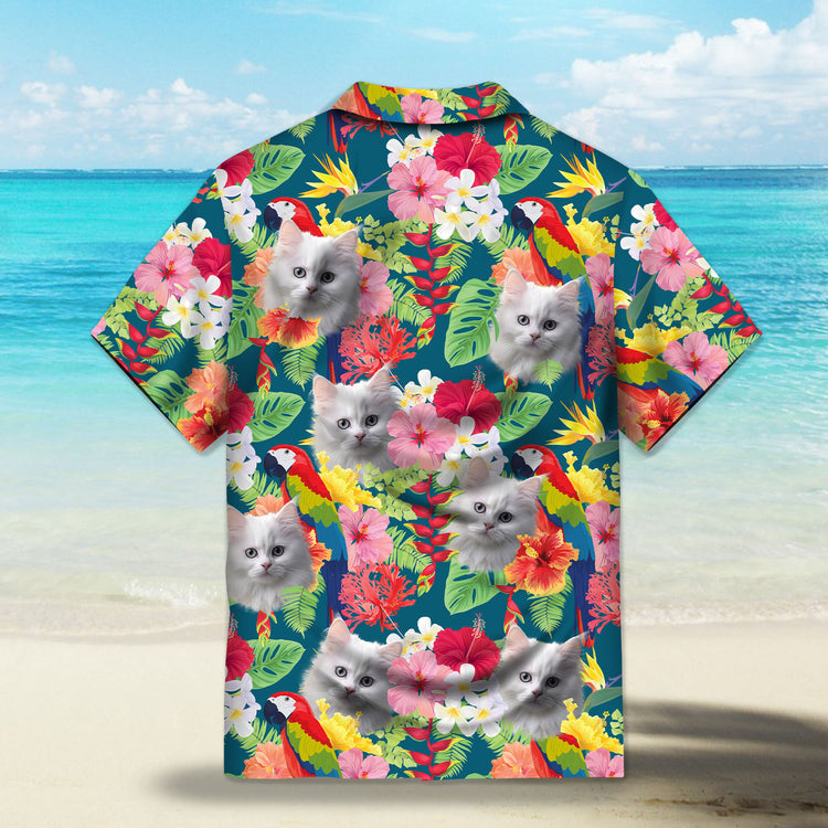 Custom Hawaiian shirts with hibiscus, bird of paradise flowers and colorful macaws on a dark green background, featuring tropical leaves and botanical elements. Lightweight and breathable, perfect for summer and tropical-themed events.