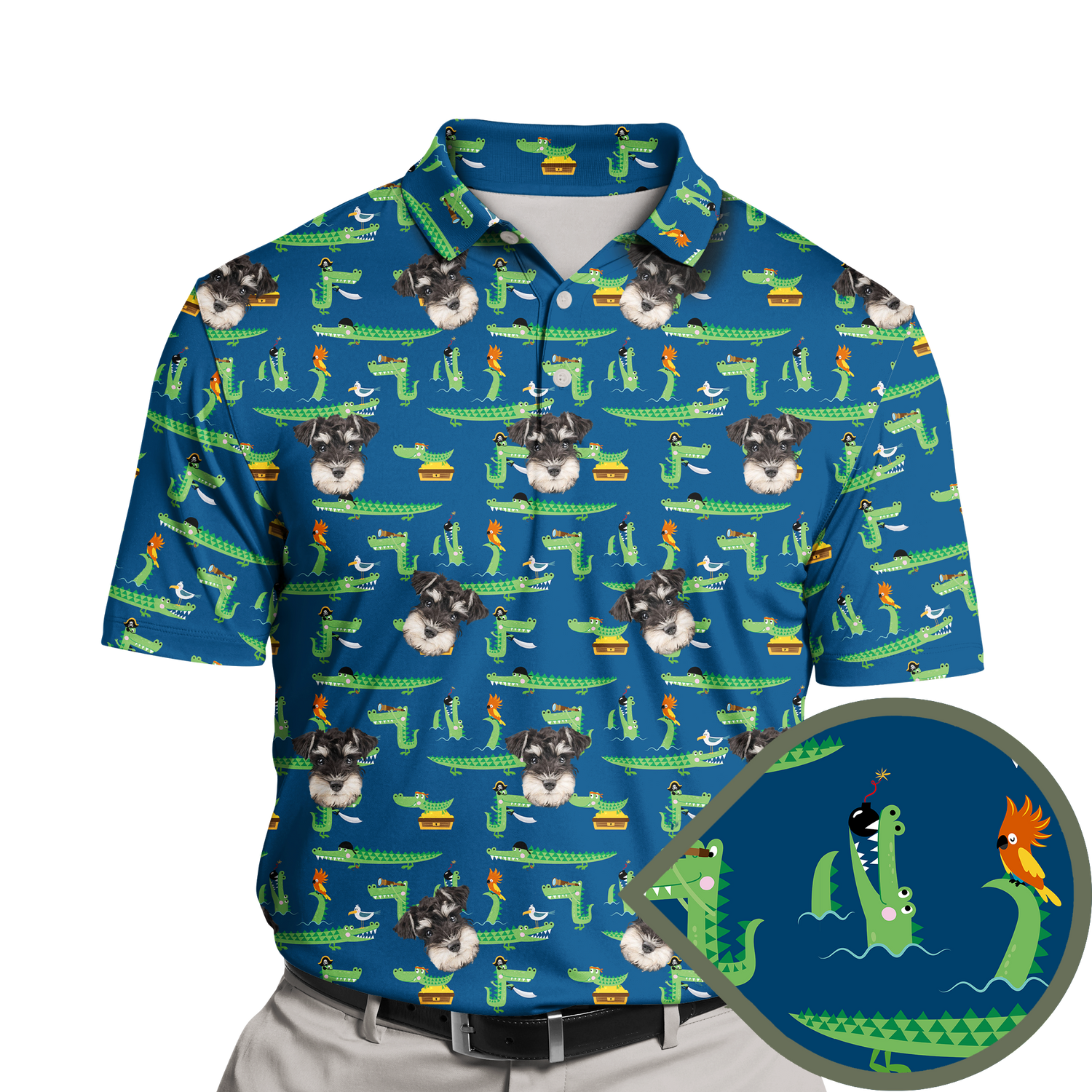 Little Pirate Crocodile Custom Polo Shirt featuring a cheerful, cartoon-style crocodile wearing a pirate hat, set against a colorful, nautical-themed background with marine elements. The shirt is vibrant and fun, perfect for those who love playful and adventurous designs.