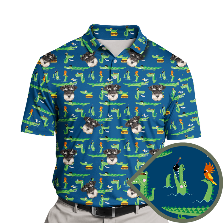 Little Pirate Crocodile Custom Polo Shirt featuring a cheerful, cartoon-style crocodile wearing a pirate hat, set against a colorful, nautical-themed background with marine elements. The shirt is vibrant and fun, perfect for those who love playful and adventurous designs.