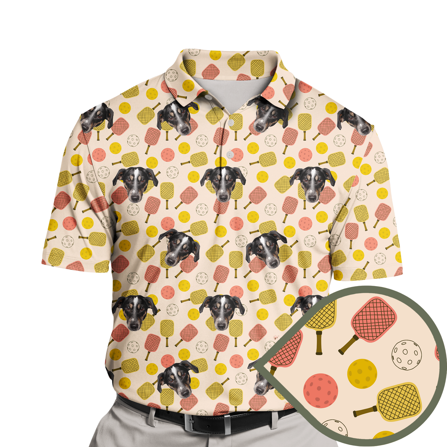 Pickleball Passion Custom Polo Shirt featuring a vibrant pattern of pickleball balls and rackets. The design highlights the excitement of the sport with bright, energetic colors and dynamic shapes, making it perfect for enthusiasts.