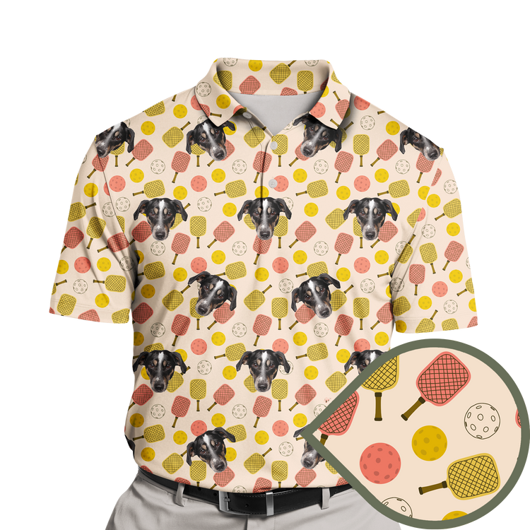 Pickleball Passion Custom Polo Shirt featuring a vibrant pattern of pickleball balls and rackets. The design highlights the excitement of the sport with bright, energetic colors and dynamic shapes, making it perfect for enthusiasts.