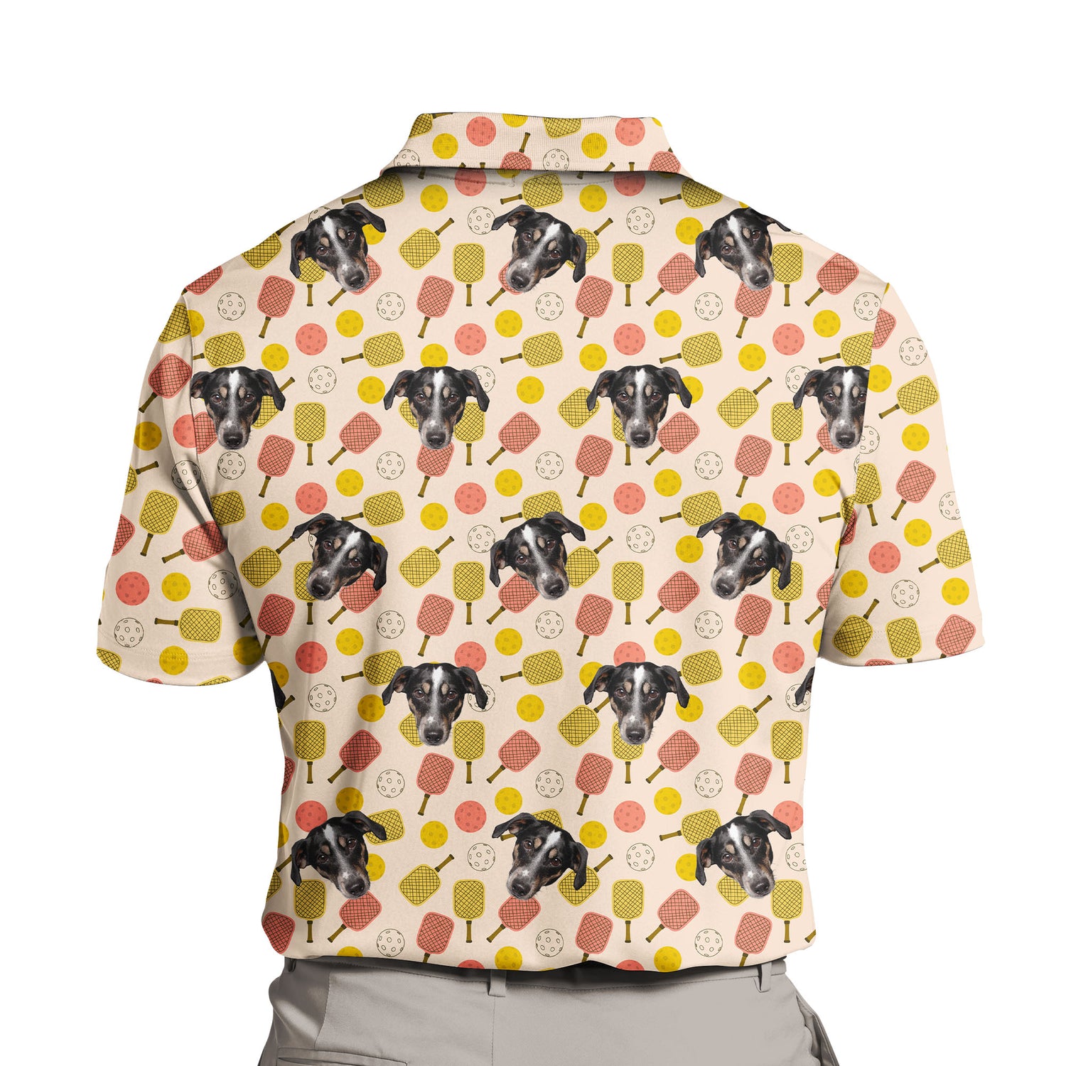 Pickleball Passion Custom Polo Shirt featuring a vibrant pattern of pickleball balls and rackets. The design highlights the excitement of the sport with bright, energetic colors and dynamic shapes, making it perfect for enthusiasts.