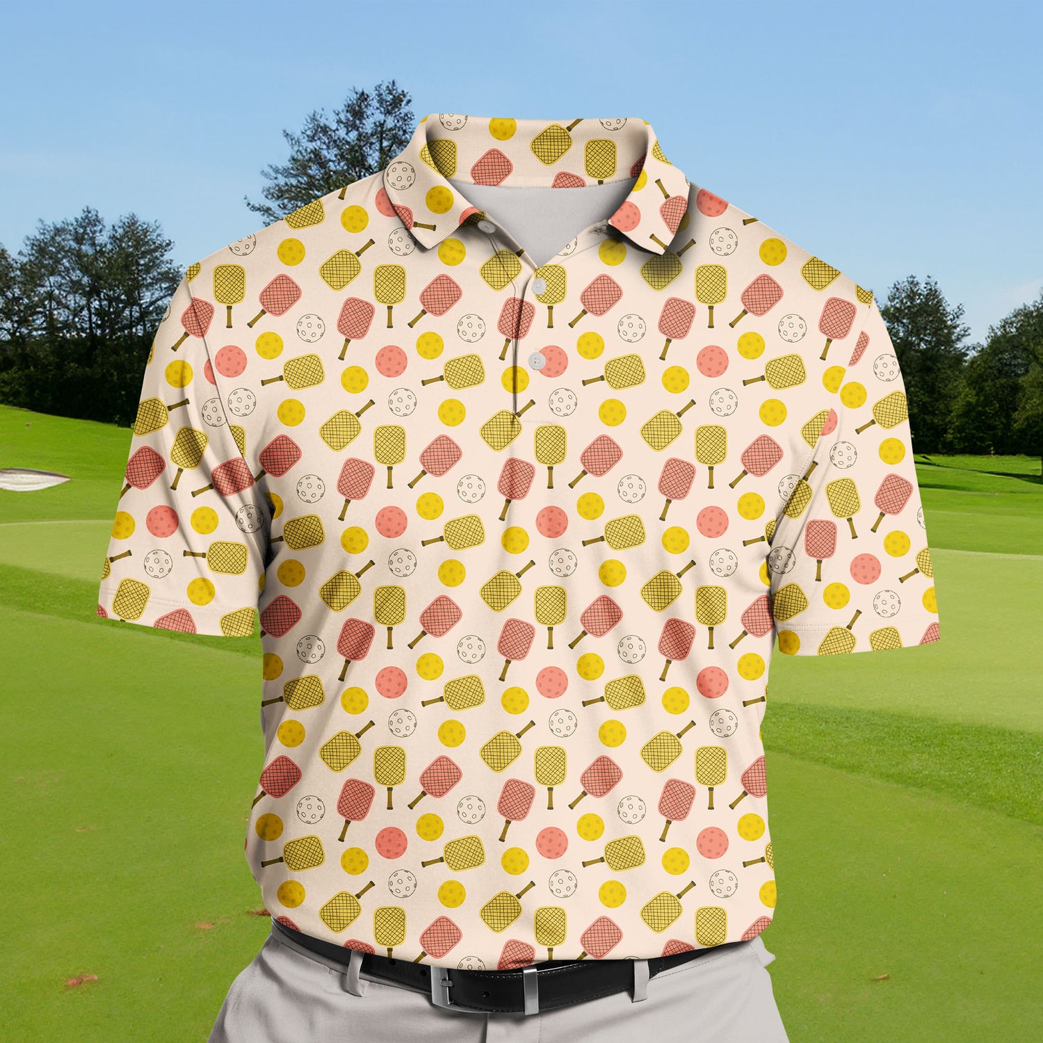 Pickleball Passion Custom Polo Shirt featuring a vibrant pattern of pickleball balls and rackets. The design highlights the excitement of the sport with bright, energetic colors and dynamic shapes, making it perfect for enthusiasts.