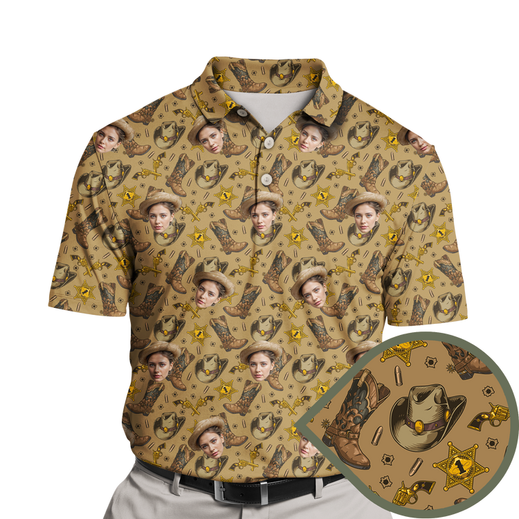 A Retro Western Sheriff custom polo shirt featuring a vintage design inspired by the Old West. The shirt includes classic sheriff star and cowboy hat motifs, with a rugged, traditional look. It’s styled in earthy tones to evoke the spirit of the Western frontier, making it a stylish choice for fans of Western culture and vintage apparel.