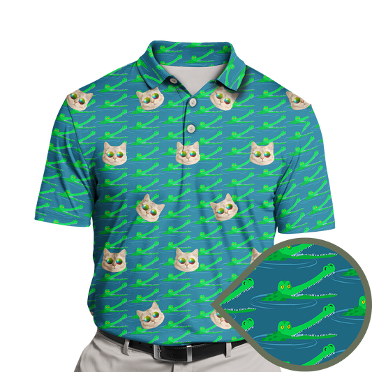 Swamp Crocodile Custom Polo Shirt featuring a vivid design of a crocodile in a lush green swamp. The shirt showcases detailed crocodile illustrations with tropical accents, creating a unique, nature-inspired look. Made from comfortable, breathable fabric, perfect for wildlife enthusiasts.